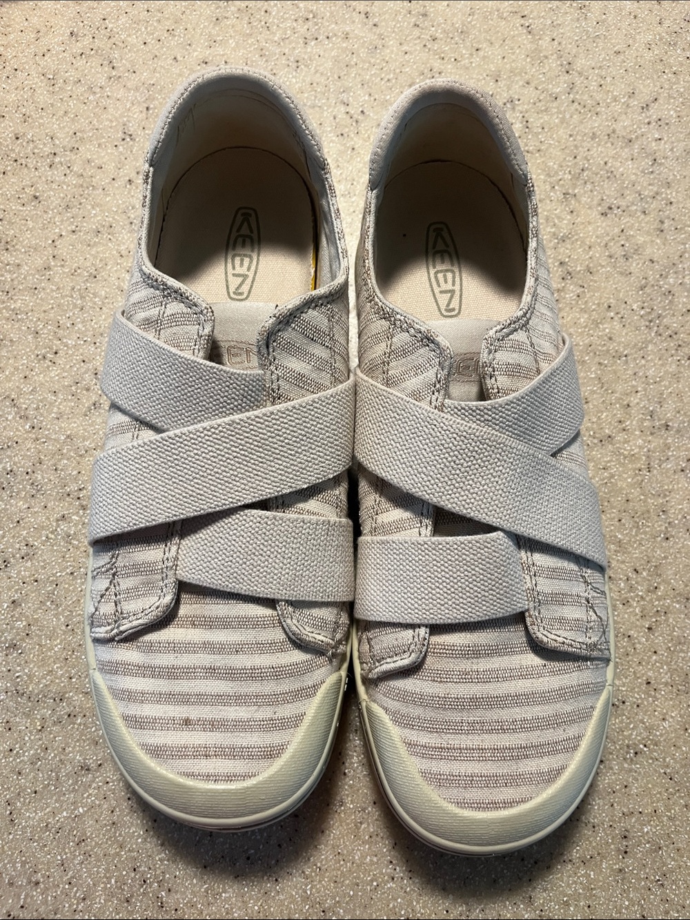 KEEN Kids Striped Slip-On Sneakers in Light Gray and Cream